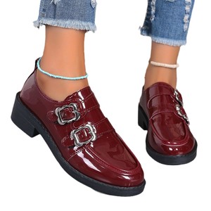 รองเท้าส้นเตี้ยผู้หญิง หนังสีสดใสสำหรับฤดูใบไม้ร่วง ไซส์ใหญ่ พร้อมหัวเข็มขัด รองเท้าหนังแบบเรียบสไตล์อังกฤษ รองเท้าส้นเตี้ยแบบหุ้มข้อ ไซส์ 43 - Product Image 5