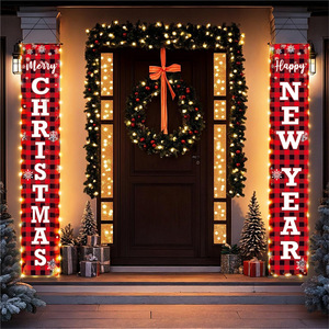 Decoraciones navideñas para patio o porche, juego de banderas con diseño a cuadros rojo y negro, pancarta personalizable para porche - Product Image 1