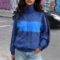 Veste de survêtement personnalisée en gingham pour femme, coupe-vent colorblock à carreaux, col montant, fermeture éclair intégrale, manches rayées, style sportif, OEM
