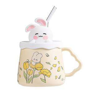 Mug en céramique de 420 ml avec couvercle en silicone mignon en forme de lapin, réutilisable et sans danger pour les aliments, gobelet à pousser-tirer pour boissons chaudes/froides - Product Image 4