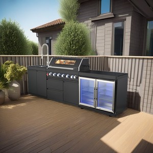 Parrilla exterior de acero inoxidable negro personalizada, Isla de barbacoa con nevera para cocina de jardín - Product Image 1