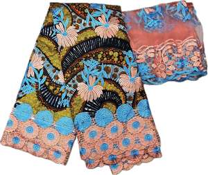 Stock 5 Yards en promotion Tissu imprimé wax nigérian Ankara en coton à motif floral brodé 3D avec foulard Aso Ebi ou dentelle Guipure - Product Image 1