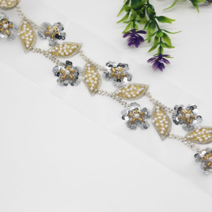 Hot Selling Dubai African Embroidered Bridal Gold Mesh Trim <strong>Lace</strong> <strong>Fabric</strong> Beaded <strong>Lace</strong> Trim for Dress Flower - Product Image 4