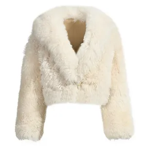Новый стиль, оптовая продажа, зимнее теплое толстое пальто из натурального овечьего меха, роскошное женское Укороченное пальто из натурального овечьего меха с большим воротником