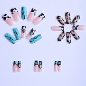 <span class=keywords><strong>Faux</strong></span> ongles à presser Longs Carrés Western, motif marbré turquoise et <span class=keywords><strong>vache</strong></span>, style Cowgirl, avec breloques en pierre turquoise vintage - Product Image 2