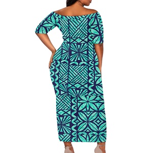 Hermosos Vestidos Samoanos Puletasi con Estampado Tapa Polinesio Azul para Mujer, Vestido con Hombros Descubiertos, Conjuntos <span class=keywords><strong>de</strong></span> Blusa y Falda <span class=keywords><strong>de</strong></span> Talla Grande - Product Image 5