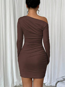 Vestido Ajustado de Color Sólido Estilo Europeo y Americano, Nuevo, Vestido Tubo de Manga Larga con Hombros Descubiertos para Mujer. - Product Image 5