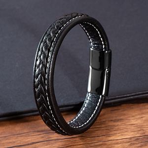 High Quality Men's Stainless Steel Fashion Italian Style <b>Magnetic</b> Clasps Leather <b>Jewelry</b> Bracelets - Product Image 5