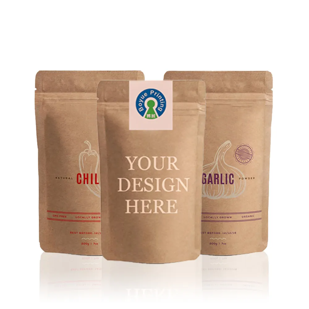 Bolsa de papel Kraft Ziplock para embalagem de alimentos e temperos, sacola de papel Ziplock personalizada biodegradável com janela