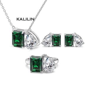 Juego de Joyería de Plata 925 con Cristal Verde en Forma de Pera, Anillo, Aretes y Collar, Clásico para Mujer, Bañado en Rodio - Product Image 1