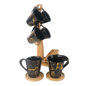 Bamboo Six Mug Cup Rack Holder Mug Wooden Stand Ceramic gold marble black porcelain modern tea cups and saucers for ethiopian