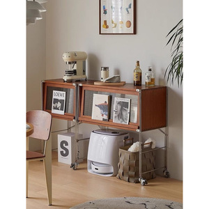 Vintage <b>Solid</b> <b>Wood</b> Storage Cabinet With Wheels For Living Room Robotic Vacuum Holder Mobile <b>Bookcase</b> Side Cabinet - Product Image 3