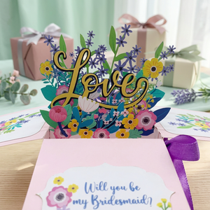 Carte pop-up 3D tendance Viet-craft avec fleurs violettes en boîte, artisanat en papier découpé au laser fait main, personnalisé, artistique et de collection - Product Image 1