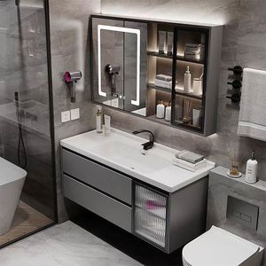 Ensemble de meuble-lavabo en bois noir moderne avec miroir gris monté, style nordique, pour hôtel, toilettes, salle de bain - Product Image 4