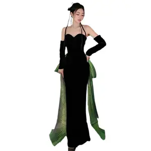 Nnnr सुरुचिपूर्ण काले क्रिस्टलीकृत कॉर्सेट उच्च स्ट लंबे सैटिन गाउन मैक्सी शाम पोशाक महिला