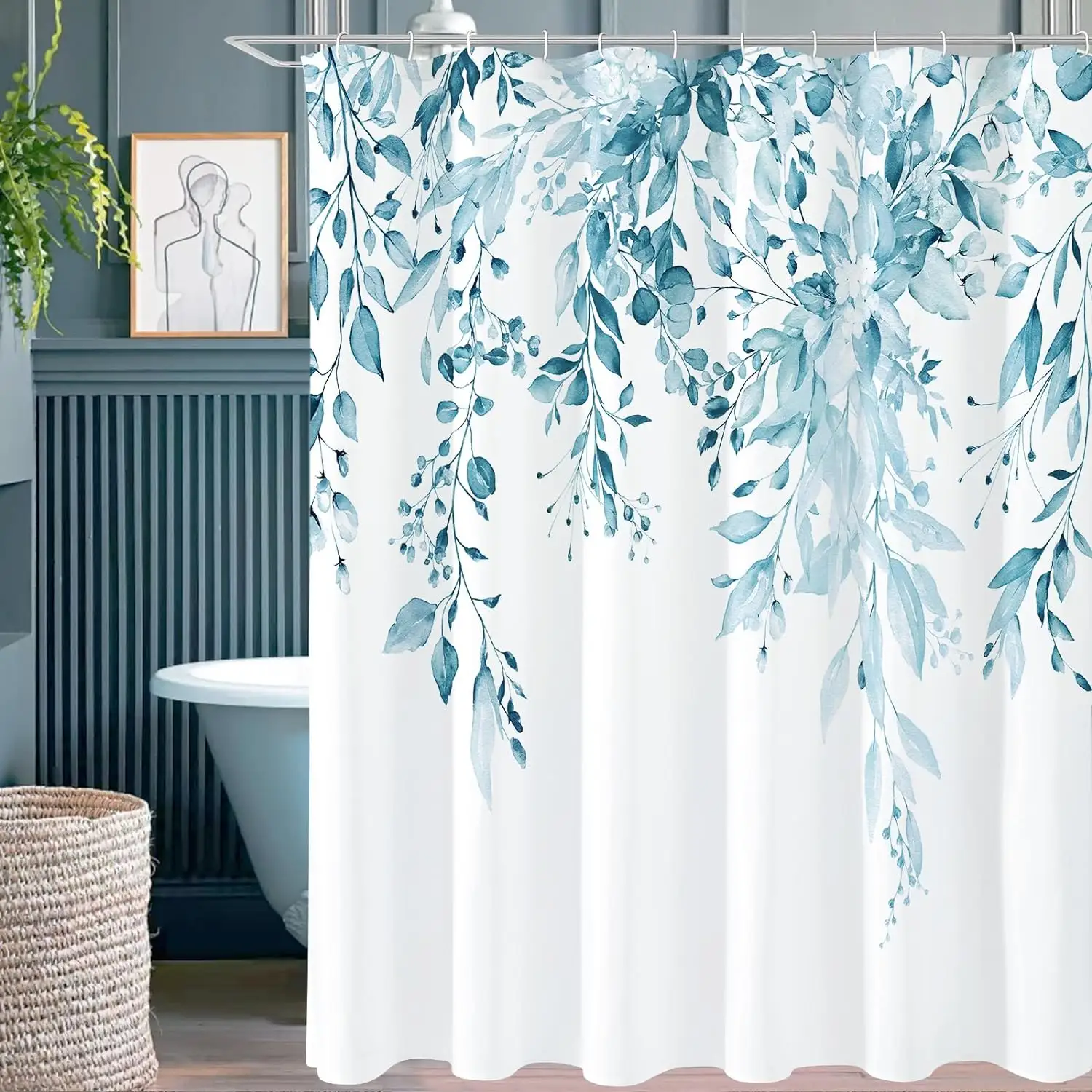 Tirai mandi poliester kain tahan air dapat dicuci daun tanaman kustom liner tirai mandi dengan kait untuk kamar mandi