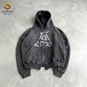 Sudadera con capucha de algodón puro de alto gramaje con logo personalizado, lavado ácido, efecto desgastado por el sol, corte holgado, estampado digital, sudadera con capucha sólida extragrande con cremallera para hombre - Product Image 1