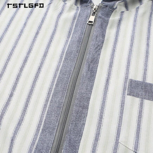 <b>Men</b> Grey Stripe Woven Cotton Hooded <b>Thobe</b> Half Zip Contrast Panel Short Sleeve Full-Length Casual Modest Summer Robe - Product Image 5