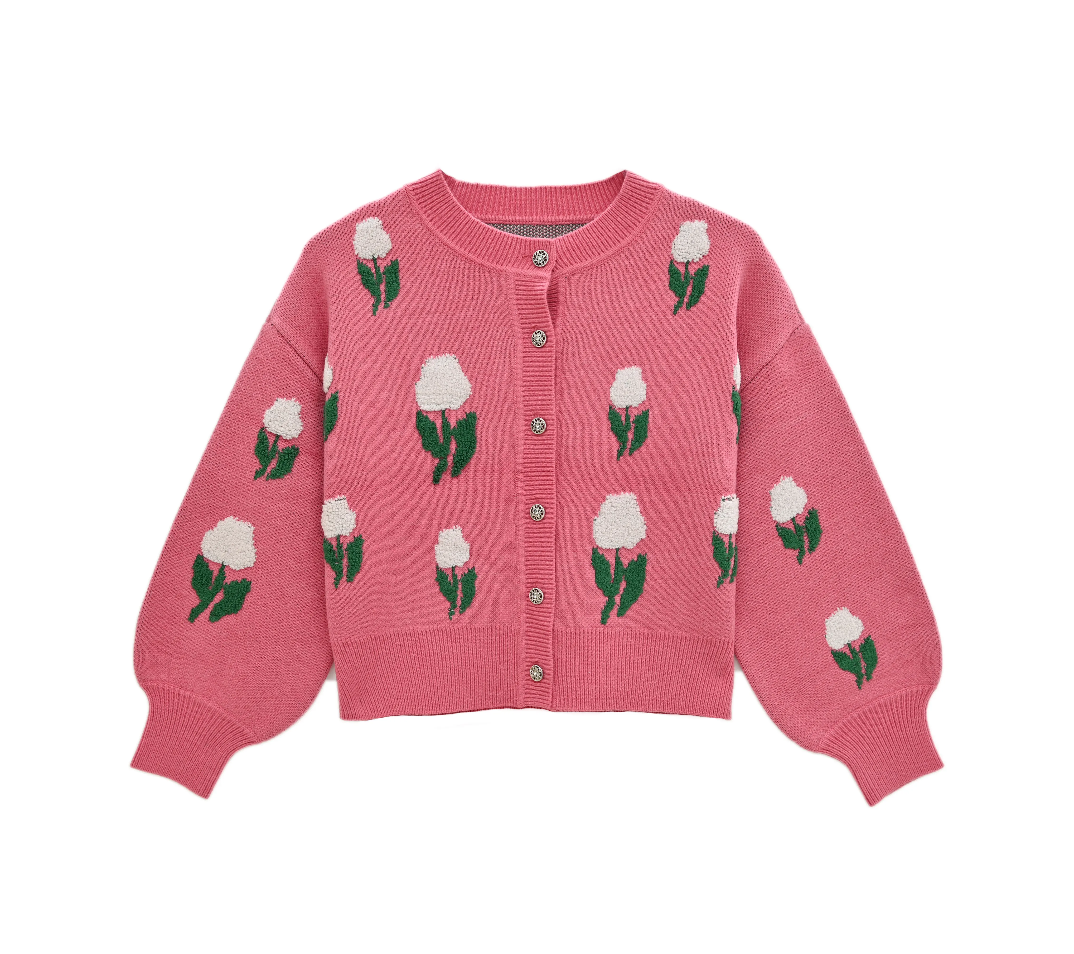 Factory Custom Winter Pink Crew Neck Jacquard Wool Fashion Loose Flower Cardigan Casual Designer Knitted Women's Sweater