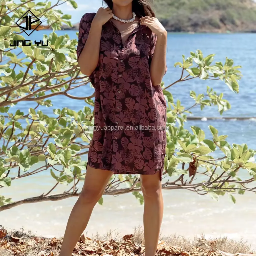Kan Uw Eigen Logo Hot Sale Hawaiiaanse Stijl Lange Mouw Shirt Jurken Mode Blouses Voor Vrouwen