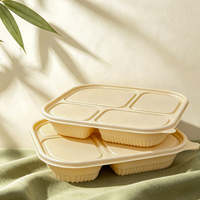 Boîte à lunch jetable en amidon de maïs à 4 compartiments, étanche, avec couvercle, biodégradable et sans BPA, utilisable au micro-ondes
