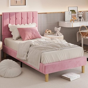 <span class=keywords><strong>Lit</strong></span> double en velours rose Plate-forme rembourrée Bandes <span class=keywords><strong>de</strong></span> bois robustes Tête <span class=keywords><strong>de</strong></span> <span class=keywords><strong>lit</strong></span> en métal silencieuse Assemblage facile pour rangement dans la chambre à coucher - Product Image 3