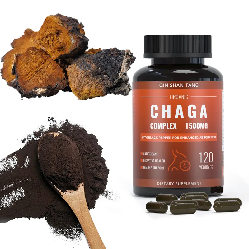 Özel etiket bitkisel takviyesi Chaga ekstresi tozu kapsülleri 1500 mg organik Chaga mantar kapsülleri