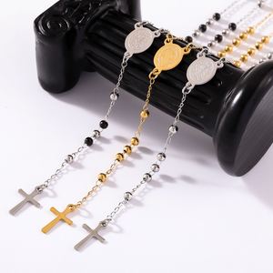 Stainless Steel Rosary Y Shape Necklace for <b>Men</b> Women Religious Ball Beads <b>Chain</b> Christian Coin <b>Cross</b> Pendant Jesus Jewelry - Product Image 1