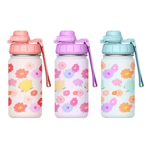 Botol air minum anak-anak, botol air Stainless Steel dengan pribadi kartun 14oz, botol mulut lebar berkelanjutan untuk anak-anak