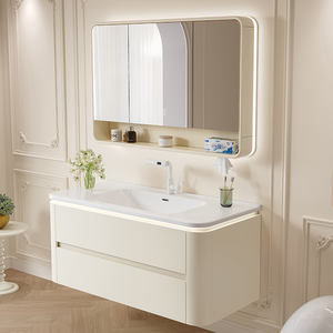 Современная тумба для ванной 2024 года с раковиной, лакированная кремовым цветом, комбинированная, с двумя выдвижными ящиками, новая керамическая раковина-умывальник - Product Image 2