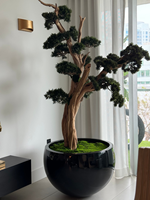 OH ARTS Bonsaï artificiel en pin résistant aux UV, décoration intérieure et extérieure, haute qualité, fait main, pot en fibre de verre, maison et jardin