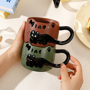 Wholesale Embossed Little Black cat Mugs Creative Cute Ceramic <b>Cups</b> Stacked <b>Cups</b> Milk Coffee Breakfast <b>Cups</b> - Product Image 4