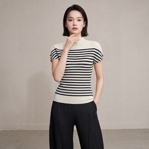 Blusa Casual Estiva 2026 da <span class=keywords><strong>Donna</strong></span> Miyake Eco-Friendly a Maniche Corte, Plissettata, Elastica, Compressa, Traspirante, a Righe, con Collo Alto - Product Image 2