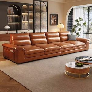 American Retro Waxed Leather Three Seater Straight <b>Sofa</b> Light Luxury Leather Couch <b>For</b> Small Living Room - Product Image 1