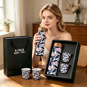 Customizable Business Thermal Bottle with Two Matching <b>Cups</b>, Portable Insulated Drinkware Gift Set - Product Image 2