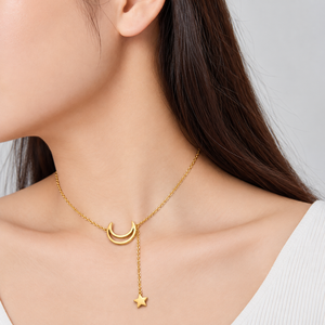 Collar con Colgante de Estrella Creciente, Acero Inoxidable, Chapado en Oro de 14K al Vacío, Colgante Asimétrico, Cadena Ajustable - Product Image 5