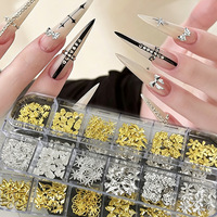 12 compartiments/boîte – Bijoux d'ongles en métal doré et argenté, diamants, multiples styles : nœuds, fleurs, cœurs, mini accessoires en alliage pour ongles