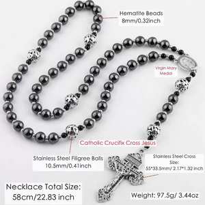 Perles de chapelet en hématite de 8mm avec perles en acier inoxydable de 4mm et perles St.<span class=keywords><strong>Michael</strong></span> Glory Collier de chapelet catholique avec crucifix de pardon - Product Image 4