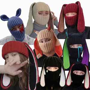Wholesale Handmade <b>Men</b> and Women Crochet <b>Winter</b> <b>Hat</b> With Ear Face Mask <b>Hats</b> Halloween Long Rabbit Ear Ski Mask Bacalava - Product Image 1