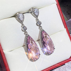 Boucles d'oreilles en cristal rose pour femmes, en argent 925, en forme de goutte d'eau, bijoux romantiques pour fête, E1468 - Product Image 3