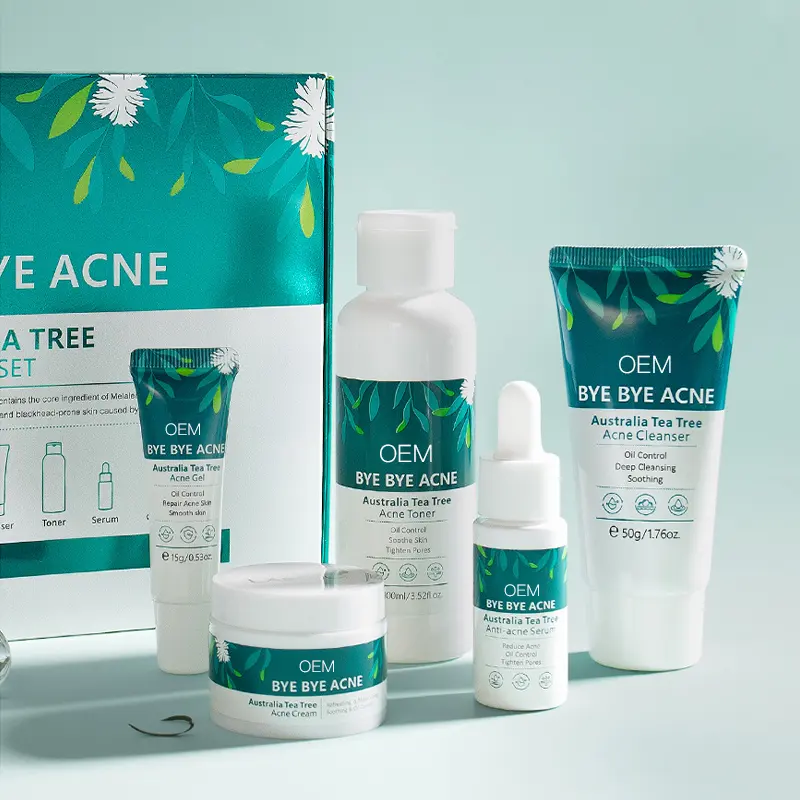 Label privé OEM Kit de soins de la peau vert naturel végétalien bio Crème anti acné Traitement réparateur Ensemble de soins de la peau hydratant arbre à thé