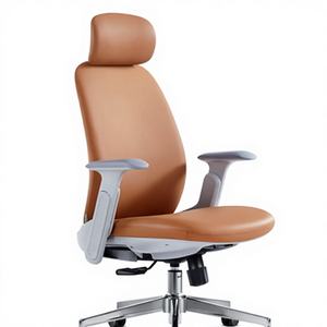 Chaise de bureau ergonomique pivotante en cuir véritable moderne à dossier haut inclinable - Confortable et réglable en hauteur - Product Image 1