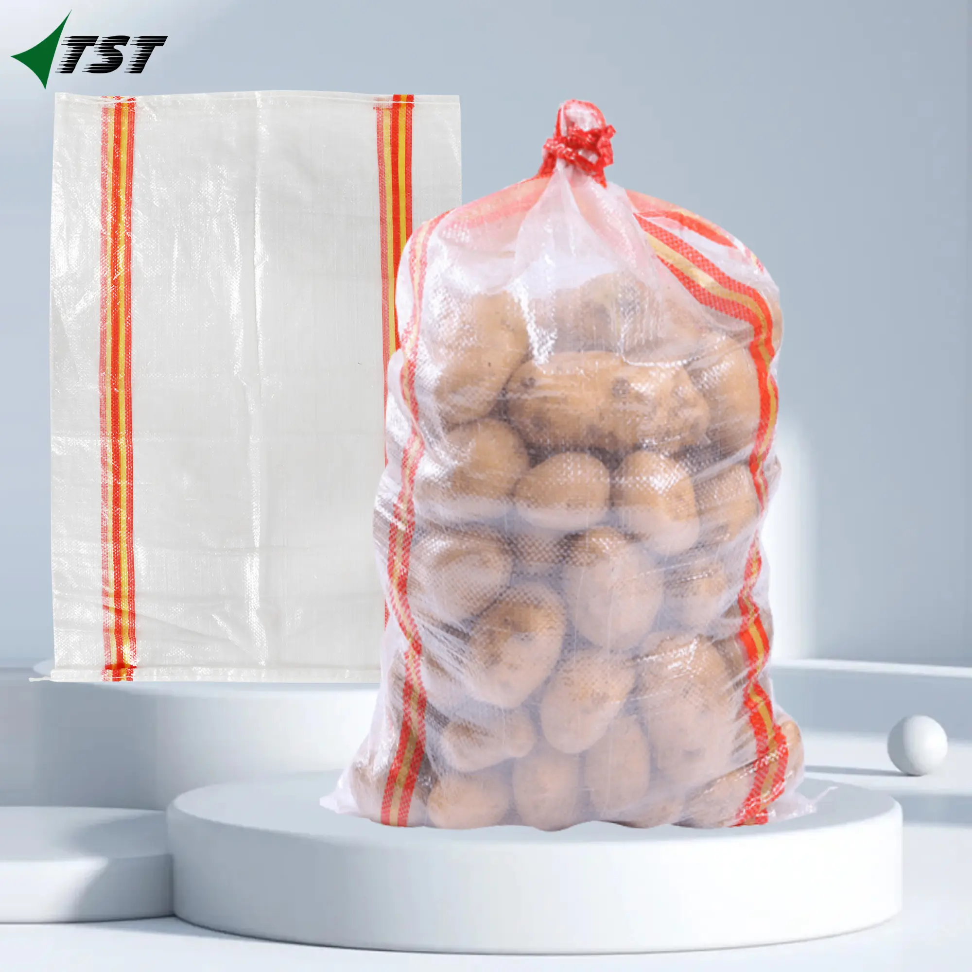 Üretici tedarik özelleştirilmiş tip tübüler plastik dokuma şeffaf 45g örgü çanta sebze ve meyve dokuma patates çanta