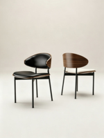 Chaise de salle à manger design moderne, dossier en bois massif courbé, revêtement en cuir, pieds en métal noir ergonomiques pour la salle à manger, meubles de maison