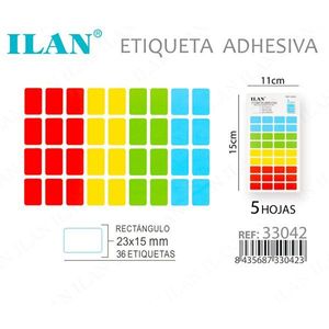Etiqueta Adhesiva ILAN 23x15mm Rectangular 36 Etiquetas por Hoja 5 Hojas Coloridas Para Etiquetas de Ropa - Product Image 1