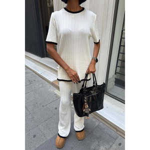 Ensemble deux pièces tricoté Dex : T-shirt et pantalon pour femme, décontracté, respirant, toutes saisons, ECRU - Product Image 4