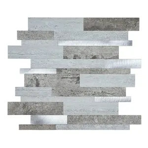 Rock Ridge Mountain Grey Marble Look PVC and Silver Aluminum Staggered Tiles Stick on Backsplash for Kitchen