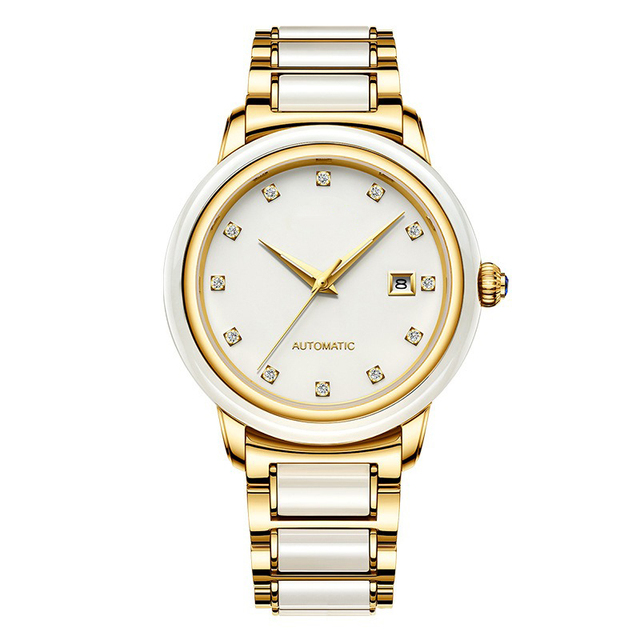 SGARIT Custom Luxury Natural Green Jade Quartz Watch Gold Plated Steel Band Calendar Dress Wristwatch for Men Women