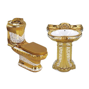 Châu Âu sang trọng cổ điển hai mảnh Gốm Vàng nhà vệ sinh sàn gắn bát tròn với dual-tuôn ra S-trap thoát nước cho phòng tắm <span class=keywords><strong>WC</strong></span> - Product Image 2