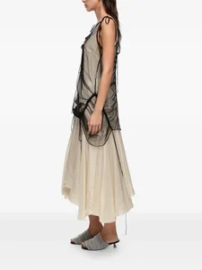 Conjunto de Vestido de 2 Piezas para Mujer, Negro, con Cordón Ajustable, Malla Fruncida, Top Camisero sin Mangas con Tirantes Finos, Vestido Midi Satinado con Corte Acampanado - Product Image 2